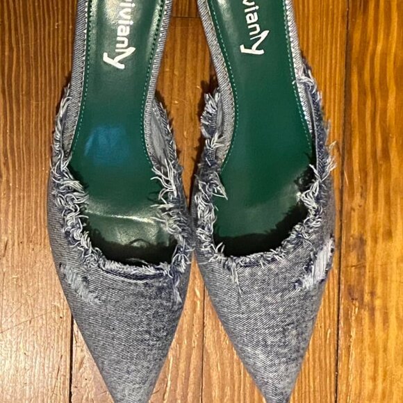 Women's Denim Heeled Sandals - Picture 2 of 8